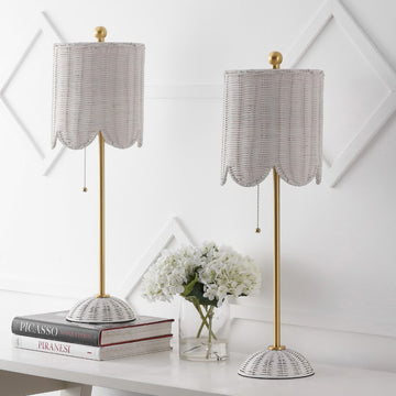 Celerie 27.5" Coastal Bohemian Rattan/Iron Scalloped Buffet LED Table Lamps with Pull Chain (Set of 2)
